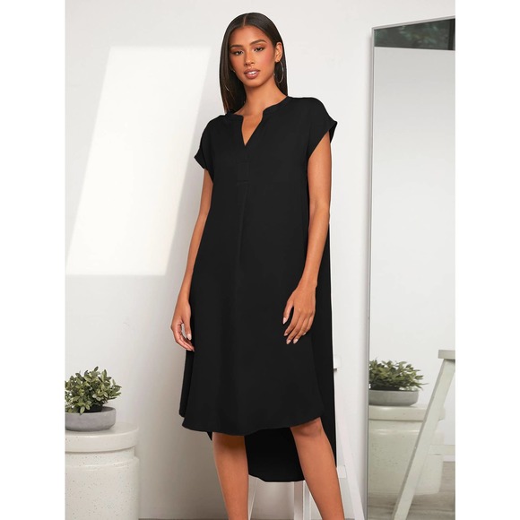 short sleeve Hi low Notched v neck Dip Hem midi Dress red - Picture 4 of 8